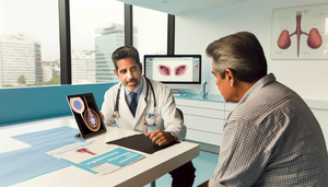 A middle-aged Hispanic doctor in a white coat and stethoscope discusses prostate cancer treatment options, including radical prostatectomy, radiotherapy, and hormone therapy, with an older Hispanic patient. The doctor uses a digital tablet displaying a 3D model of the prostate gland. On the desk, there are medical brochures in Spanish about