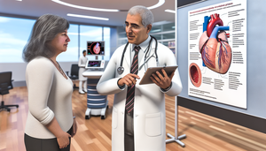 Middle-aged Hispanic doctor in a Spanish hospital discussing ischemic heart disease treatment options with a Hispanic patient, utilizing a digital tablet displaying a 3D heart model. In the background, a poster illustrates coronary arteries and revascularization techniques, emphasizing a professional and trustworthy environment.