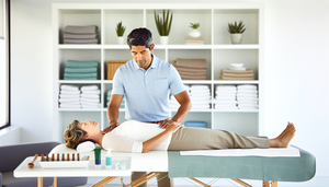 A serene scene in a modern physiotherapy clinic, where a middle-aged Hispanic woman receives a neck and shoulder massage from a Hispanic physiotherapist. In the background, towels and plants are visible, suggesting a holistic approach to tension headache treatment, including muscle relaxation and cervical physiotherapy for effective postural correction.