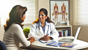 Medical consultation with a Hispanic female doctor explaining a cystitis treatment plan to a patient. On the desk, a diagram of the urinary system displayed on a laptop and medical brochures. The scene highlights a patient-centered doctor-patient relationship focused on single-dose antibiotic therapy, hygiene measures, and cranberry use to prevent bacterial resistance and recurrent cystitis.