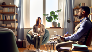 A cozy therapy room bathed in soft natural light. A middle-aged Hispanic woman, dressed comfortably, sits in an armchair, appearing contemplative yet hopeful. Across from her, a Hispanic therapist in his 40s, notebook in hand, exudes empathy and understanding. Between them, a table holds a glass of water, a box of tissues, and books on mental health. The setting embodies a depression treatment environment focused on cognitive-behavioral therapy, emphasizing adherence and awareness of potential side effects.