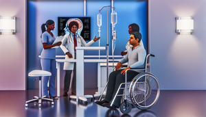 Realistic image of a multidisciplinary approach to treating Amyotrophic Lateral Sclerosis (ALS) in a modern medical consultation room. A middle-aged Hispanic patient in a wheelchair engages with a team of healthcare professionals. To the left, a Hispanic doctor explains ALS treatment options, while to the right, a Caucasian respiratory therapist demonstrates a non-invasive ventilation mask. In the background, an African American nurse adjusts an IV stand, symbolizing the role of medication support like Riluzole. The atmosphere is professional and compassionate, highlighting the collaborative nature of rehabilitation and palliative care in ALS management.