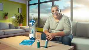 Middle-aged Hispanic man in a modern living room, using a portable oxygen concentrator with a nasal cannula. On the table, inhalers symbolize the use of bronchodilators. A brochure titled