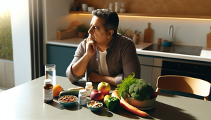 Middle-aged Hispanic man sitting at a kitchen table with healthy foods like vegetables, fruits, and nuts, alongside medication bottles labeled 