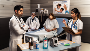 A diverse group of healthcare professionals in a modern clinical setting. A Hispanic male physician in his 40s, wearing a white coat and stethoscope, is discussing with a Hispanic female nurse in her 30s holding a clipboard. Nearby, a Hispanic female patient in her 60s is sitting on a hospital bed, attentive and engaged. On a nearby table, there are medical supplies, including a box of antiviral drugs. In the background, a poster on influenza prophylaxis emphasizes the importance of vaccination and handwashing. The scene reflects a professional and caring environment, highlighting clinical management, the use of antiviral drugs, and prevention in influenza treatment.