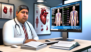 A Hispanic male physician in his 40s, wearing a white coat and stethoscope, reviews a digital graph of blood pressure readings on his computer. On the desk, there are open medical books and a notepad. In the background, a poster of the human cardiovascular system highlights the arteries. The scene reflects a professional and educational environment focused on hypertension treatment, including antihypertensives like ACE inhibitors and ARBs, in line with ESC/ESH guidelines.
