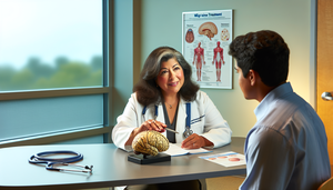 A medical consultation focused on migraine treatment, featuring a Hispanic doctor explaining options such as triptans and preventive beta-blockers to a Hispanic patient. The doctor holds a brain model, highlighting areas related to migraines. On the desk, there are brochures about