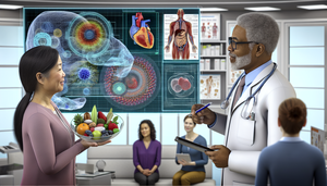 A diverse group of healthcare professionals in a modern medical office. In the foreground, a Hispanic dietitian discusses a low-calorie diet plan with a Hispanic patient, showcasing a plate of fruits and vegetables. To the side, a Caucasian physician explains anti-obesity drug options to an African American patient. In the background, an Asian surgeon illustrates a bariatric surgery procedure to medical students. The environment reflects collaboration and education in obesity treatment, emphasizing the importance of a comprehensive approach that includes diet, medication, and exercise programs.