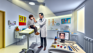 Image of a pediatric consultation in Spain, where a pediatrician examines a young child's ear. In the background, there are children's drawings and a diagram of middle ear infection on a computer screen. On the counter, medical instruments and a bottle of amoxicillin are visible, emphasizing the focus on middle ear infection treatment and potential mastoiditis complications.