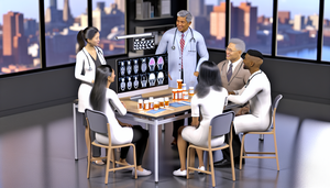 Multidisciplinary healthcare team collaborating in a modern medical office. A Hispanic neurologist discusses Parkinson's treatment options, including levodopa and dopamine agonists, with a pharmacist, a physical therapist, and a nurse. The table features medical charts, a laptop displaying brain scans, and labeled medication bottles for Parkinson's. This image emphasizes teamwork in the management of Parkinson's disease through neurorehabilitation and physical therapy.