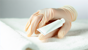 Close-up of a foot with athlete's foot being treated with topical antifungals. Mild redness is visible between the toes. A gloved hand applies the treatment in a clean, well-lit bathroom environment, emphasizing the importance of proper drying and footwear change to prevent relapses.