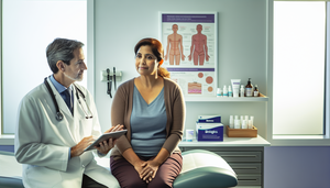 A middle-aged Hispanic woman sits relaxed on an examination table in a modern medical consultation room. A Hispanic doctor in his 40s shows her a diagram of the skin layers on a tablet. In the background, there are topical creams, pill bottles, and a box labeled 