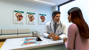 Modern medical consultation with a Hispanic doctor explaining sinusitis treatment options to a patient. The doctor holds a tablet displaying a 3D model of the paranasal sinuses. On the desk, there are brochures about antibiotics, decongestants, and endoscopic sinus surgery. The room is decorated with anatomical posters of the head and paranasal sinuses, creating a professional and collaborative environment.