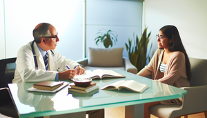 A middle-aged Hispanic doctor in a white coat and glasses attentively listens to a young Hispanic patient in a modern medical office. The desk is adorned with open medical books, a laptop, and a notepad, indicating a discussion about bipolar disorder treatment options, including lithium, valproate, and antipsychotics for relapse prevention. Natural light and plants in the background create a professional and empathetic atmosphere.
