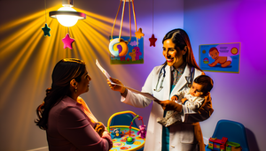 Una pediatra hispana en sus 30s, con bata blanca y estetoscopio, sonríe mientras explica un calendario de vacunación a una madre hispana con su bebé de 6 meses. La clínica está decorada con carteles sobre salud y vacunación, creando un ambiente acogedor y educativo.